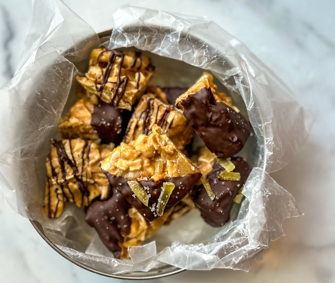 Kugel Treats with Toffee Halva Crumble & Candied Ginger